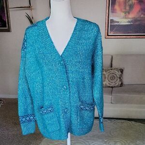 Coldwater Creek Blue Cardigan Sweater V-Neck Boucle Knit Size M